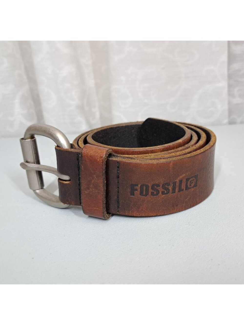 Vintage Mens Leather Belt Fossil Brown 34-36 Medium 90s Y2k Full Grain Cowhide